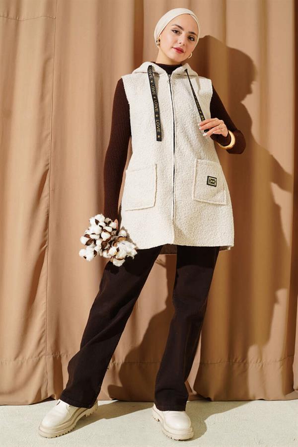 Hooded Boucle Vest Beige