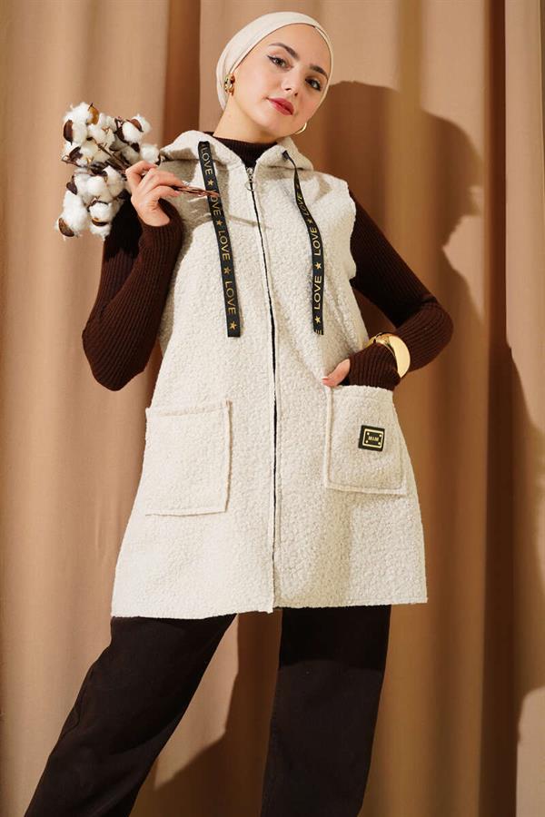 Hooded Boucle Vest Beige