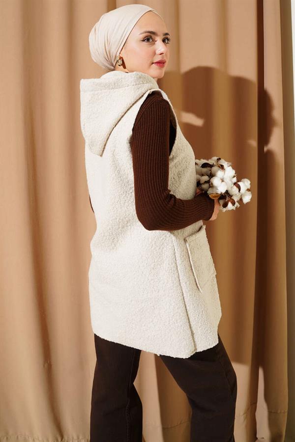 Hooded Boucle Vest Beige