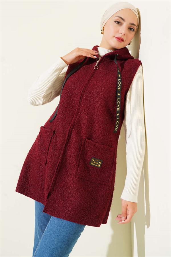Hooded Boucle Vest Burgundy
