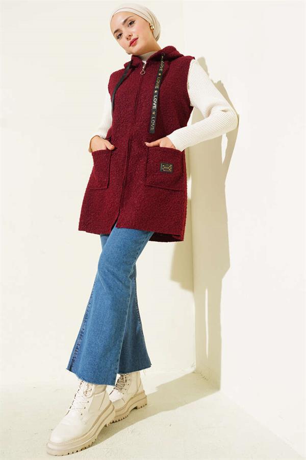 Hooded Boucle Vest Burgundy
