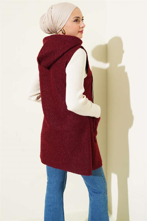 Hooded Boucle Vest Burgundy