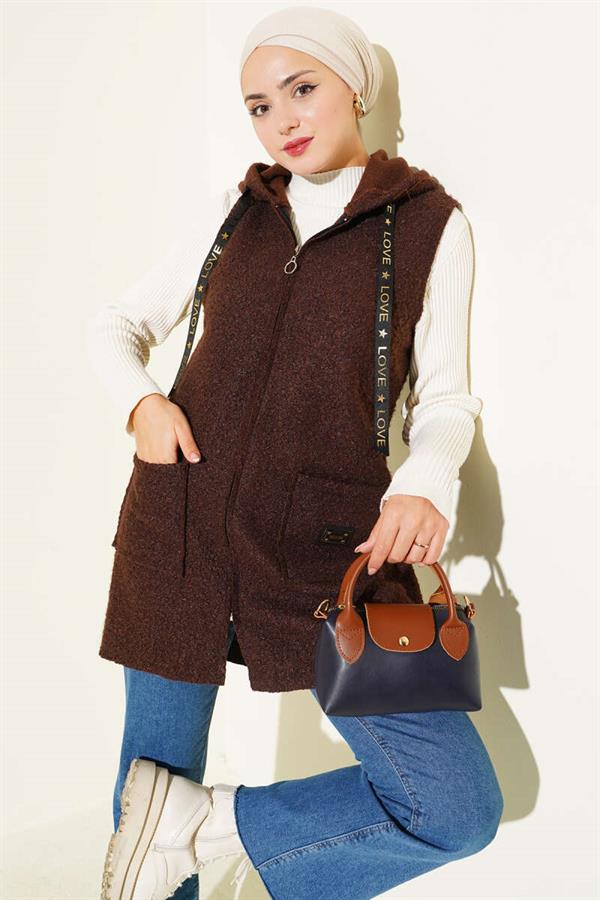 Hooded Boucle Vest Brown