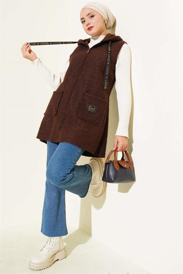 Hooded Boucle Vest Brown