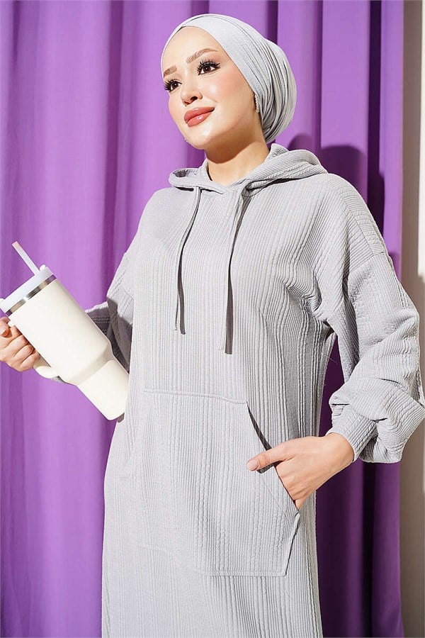 Hooded Dress with Pocket Detail, Grey