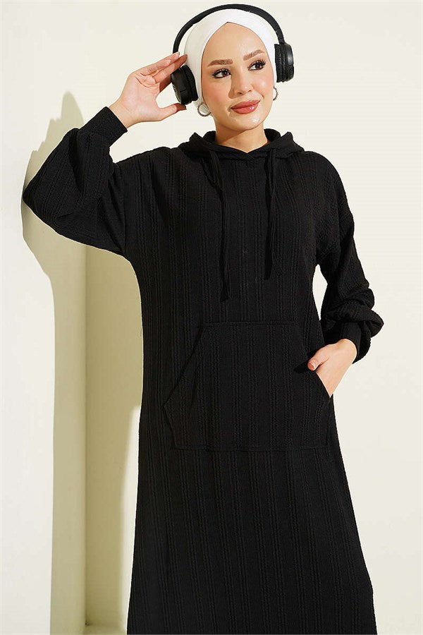 Hooded Dress with Pocket Detail, Black