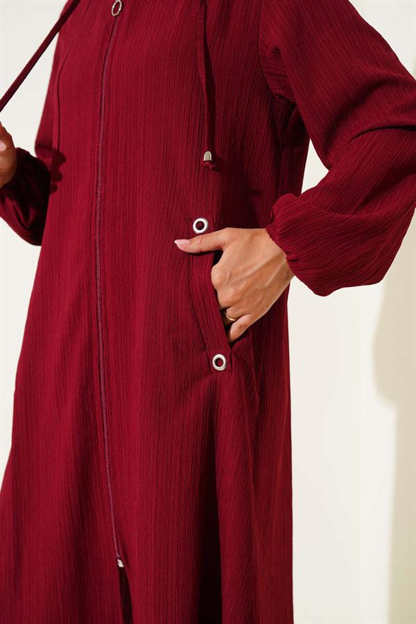 Hooded Pocket Tree Bark Coat Burgundy