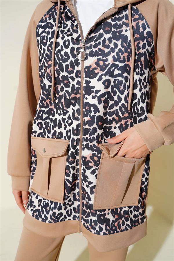 Hooded Pocket Leopard Scuba 2 Piece Set Latte