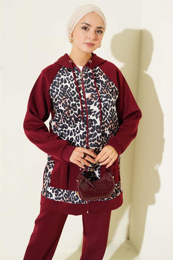 Hooded Pocket Leopard Print Scuba 2 Piece Set Claret Red