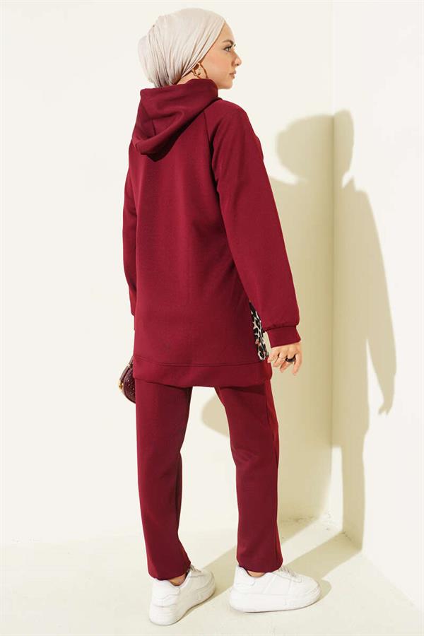 Hooded Pocket Leopard Print Scuba 2 Piece Set Claret Red