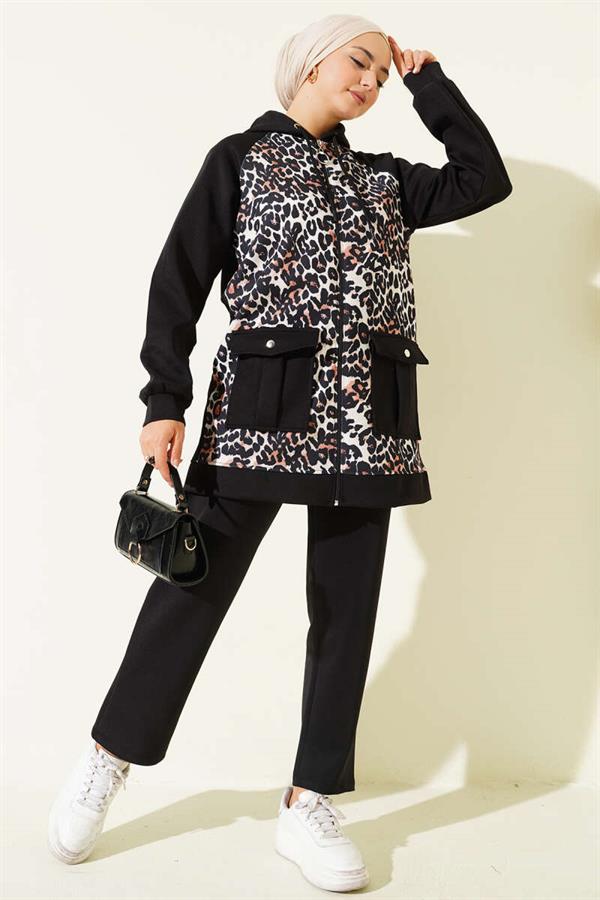 Hooded Pocket Leopard Scuba 2 Piece Set Black