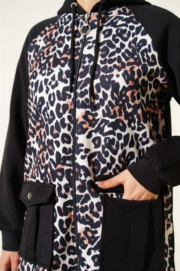 Hooded Pocket Leopard Scuba 2 Piece Set Black