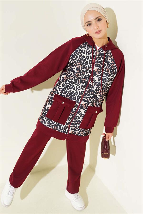 Hooded Pocket Leopard Print Scuba 2 Piece Set Claret Red