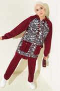 Hooded Pocket Leopard Print Scuba 2 Piece Set Claret Red