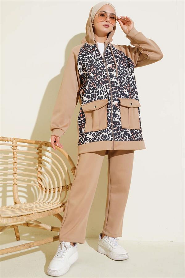 Hooded Pocket Leopard Scuba 2 Piece Set Latte
