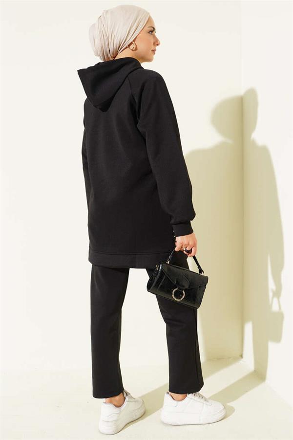 Hooded Pocket Leopard Scuba 2 Piece Set Black