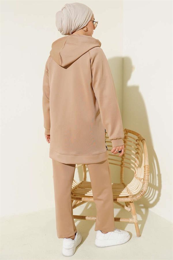 Hooded Pocket Leopard Scuba 2 Piece Set Latte