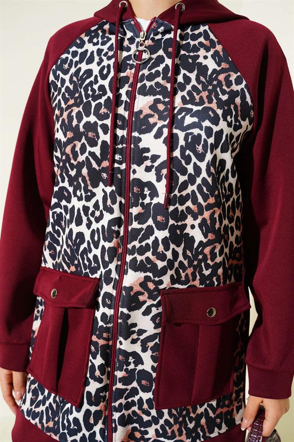Hooded Pocket Leopard Print Scuba 2 Piece Set Claret Red