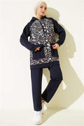 Hooded Pocket Leopard Print Scuba 2 Piece Set Navy Blue