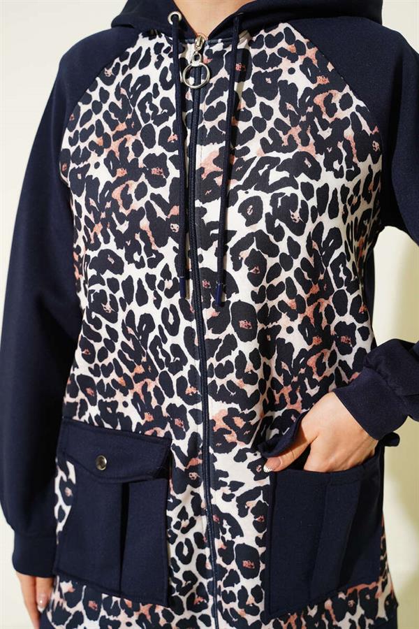 Hooded Pocket Leopard Print Scuba 2 Piece Set Navy Blue