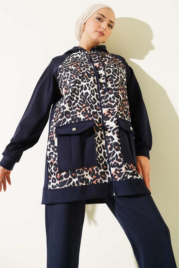 Hooded Pocket Leopard Print Scuba 2 Piece Set Navy Blue