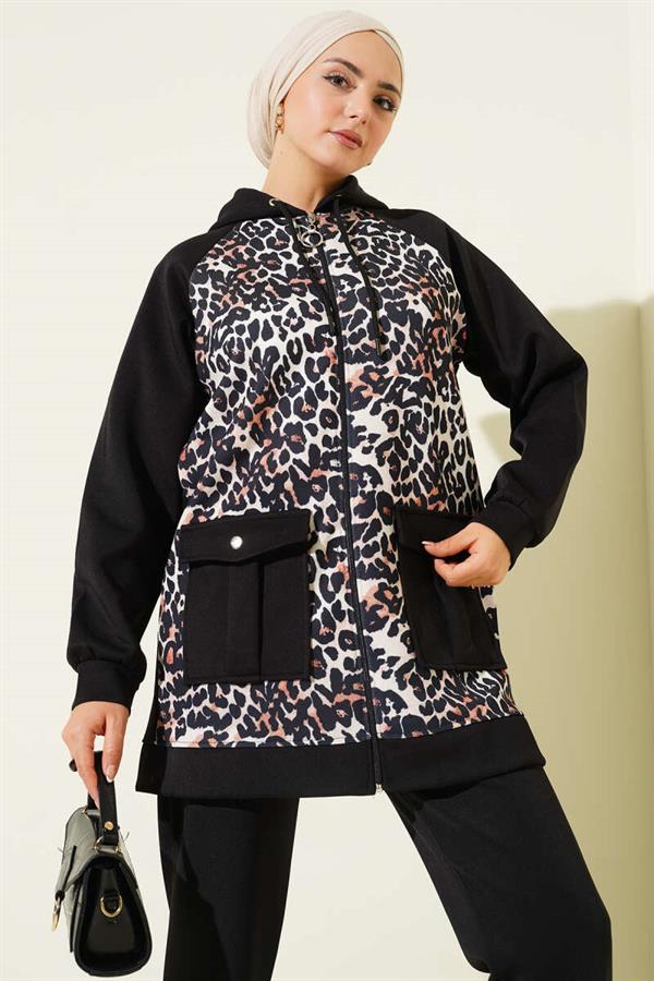 Hooded Pocket Leopard Scuba 2 Piece Set Black