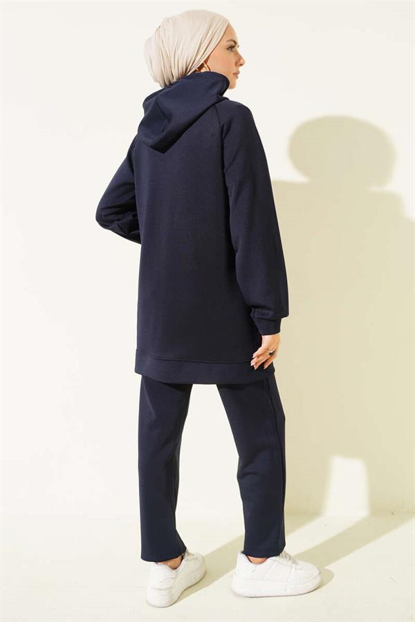Hooded Pocket Leopard Print Scuba 2 Piece Set Navy Blue