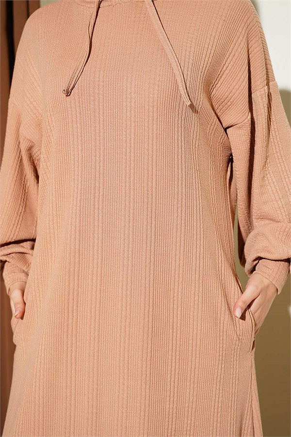 Hooded Pocket Knitted Dress Camel