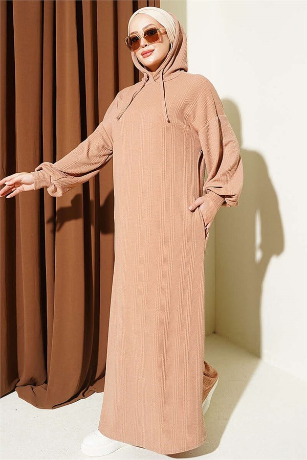 Hooded Pocket Knitted Dress Camel