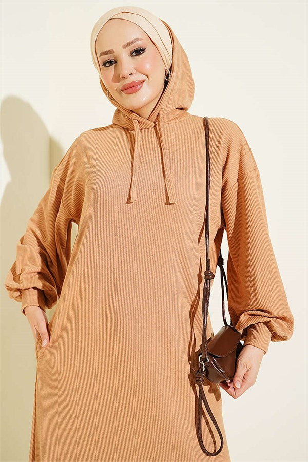 Hooded Pocket Knitted Dress Latte