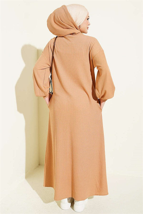 Hooded Pocket Knitted Dress Latte
