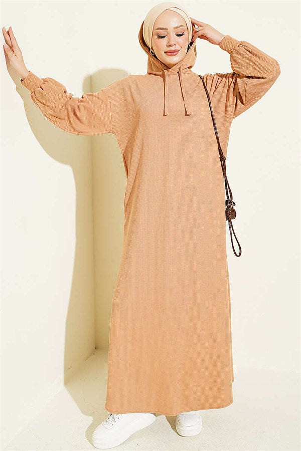 Hooded Pocket Knitted Dress Latte