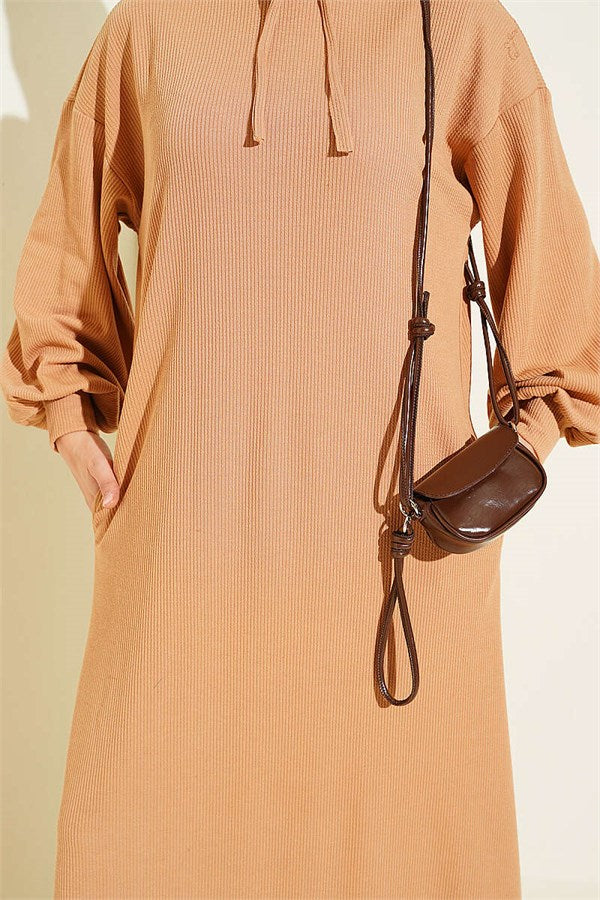 Hooded Pocket Knitted Dress Latte