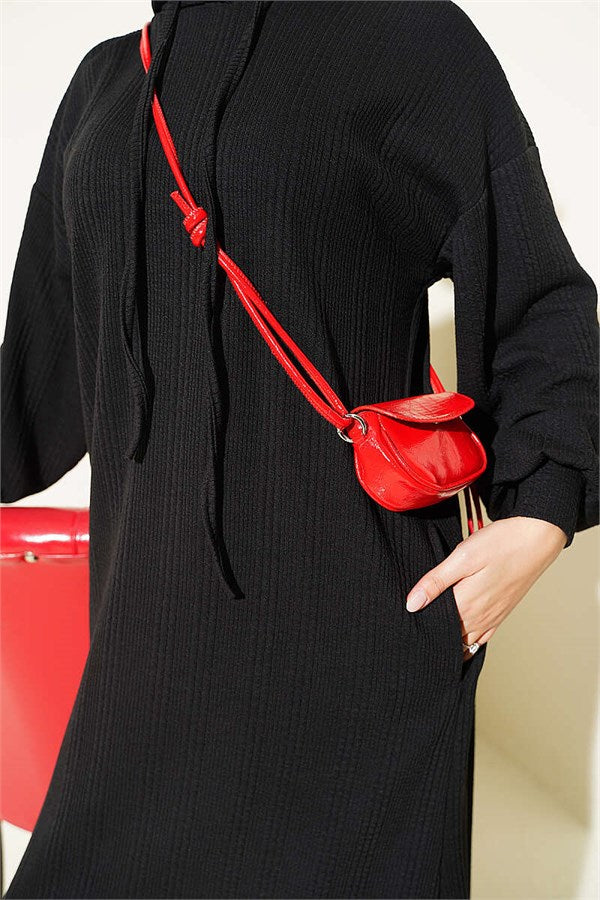Hooded, Pocketed Knitted Dress, Black