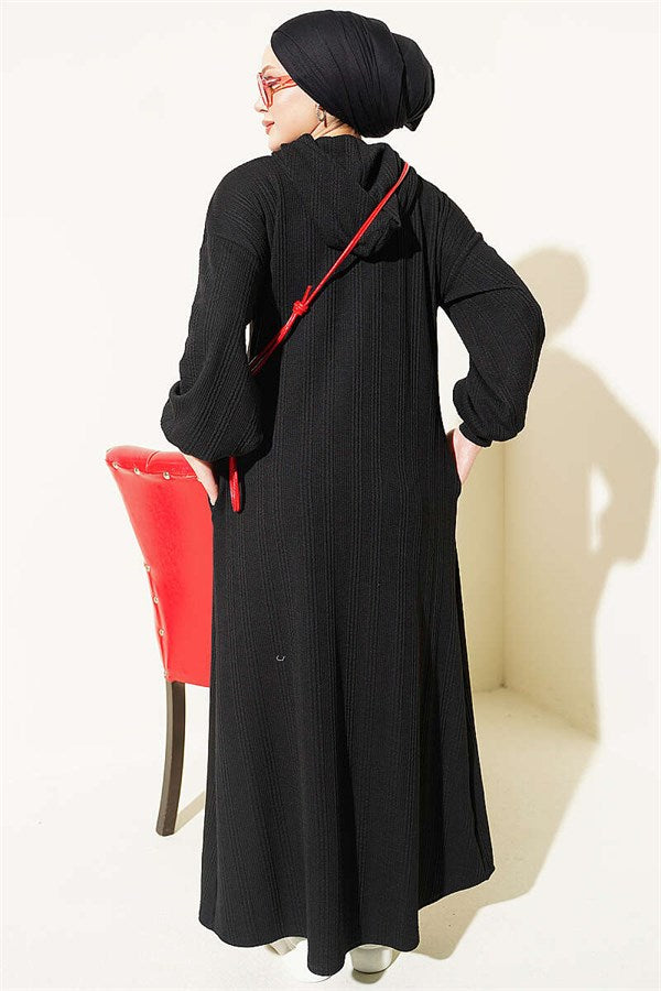 Hooded, Pocketed Knitted Dress, Black