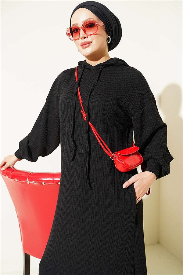 Hooded, Pocketed Knitted Dress, Black