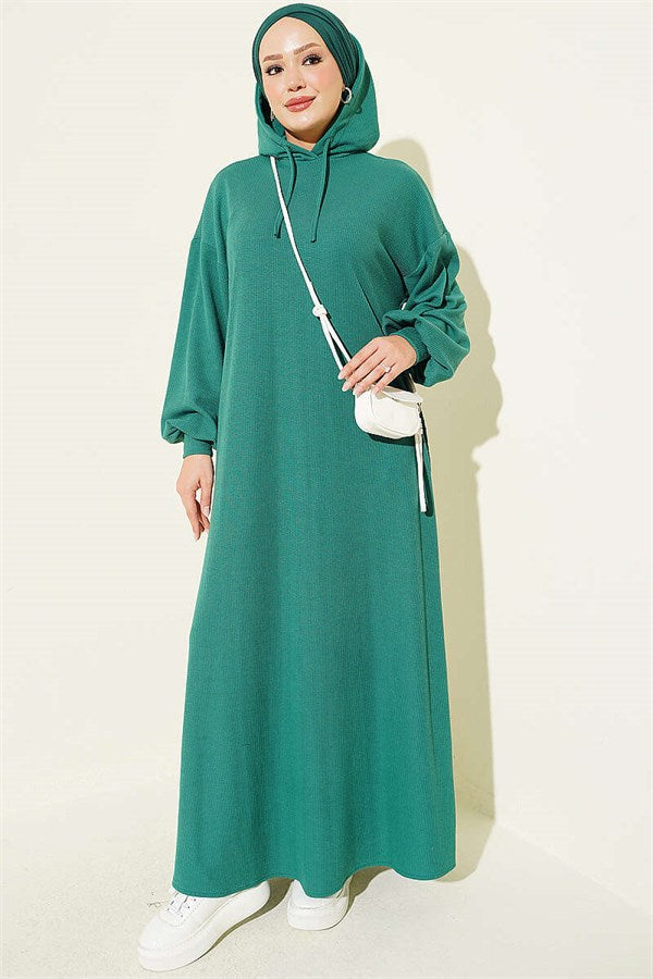 Hooded, Pocketed Knitted Dress, Green