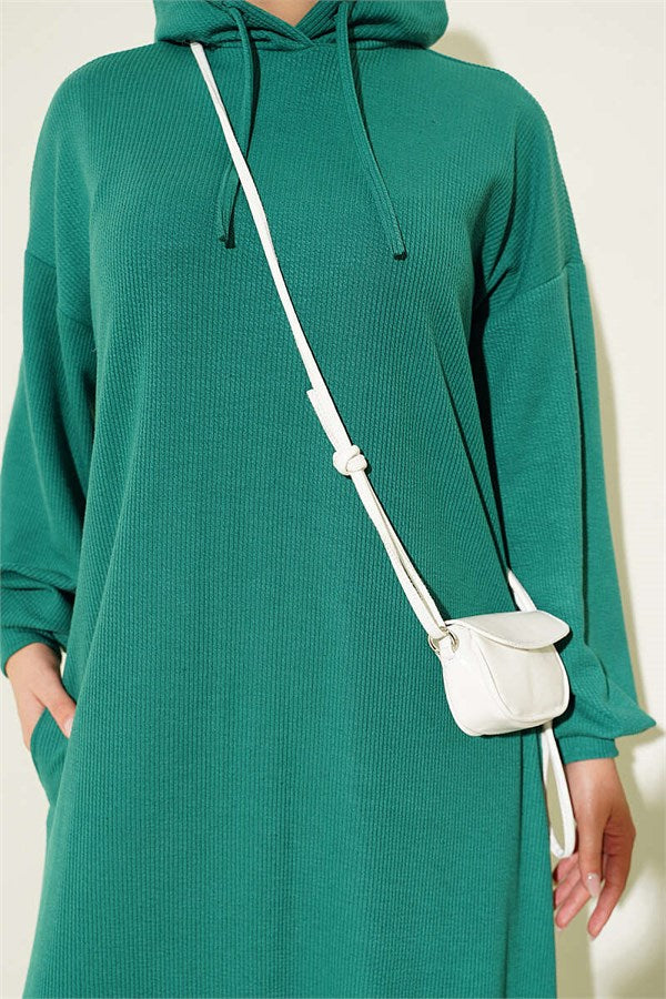 Hooded, Pocketed Knitted Dress, Green