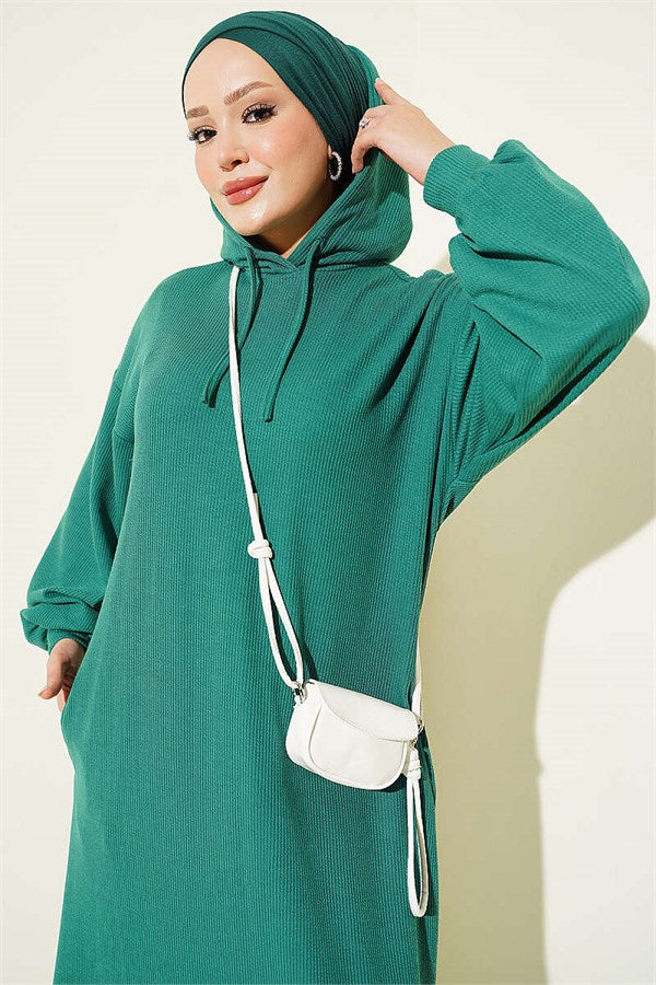 Hooded, Pocketed Knitted Dress, Green