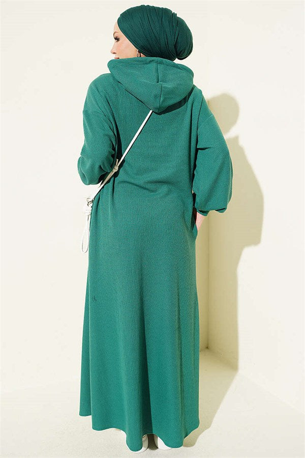 Hooded, Pocketed Knitted Dress, Green
