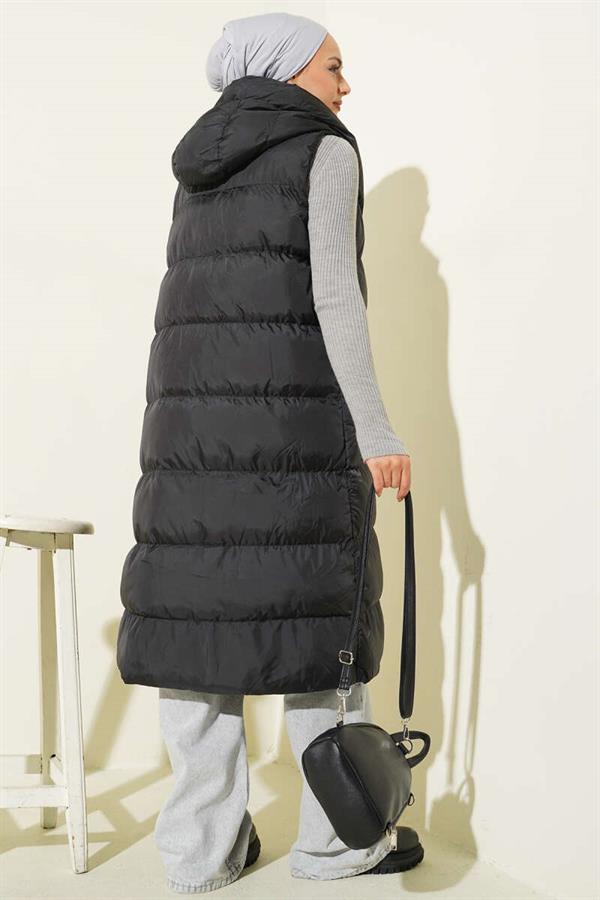 Long Puffer Vest with Hood and Pocket, Black