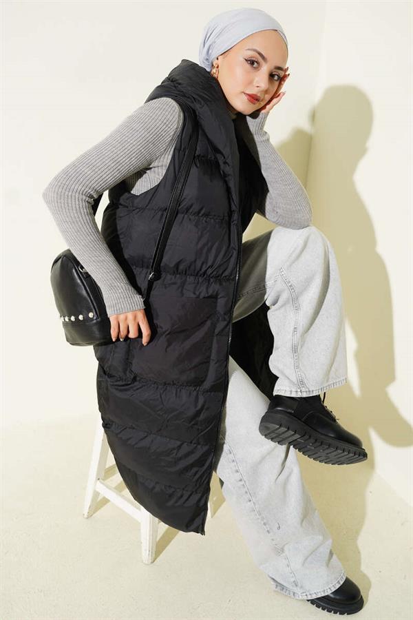 Long Puffer Vest with Hood and Pocket, Black