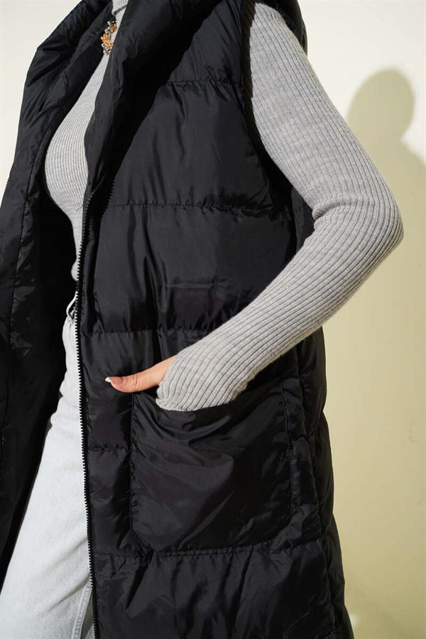 Long Puffer Vest with Hood and Pocket, Black