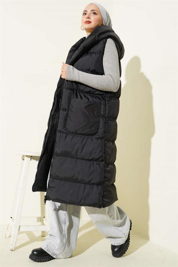 Long Puffer Vest with Hood and Pocket, Black