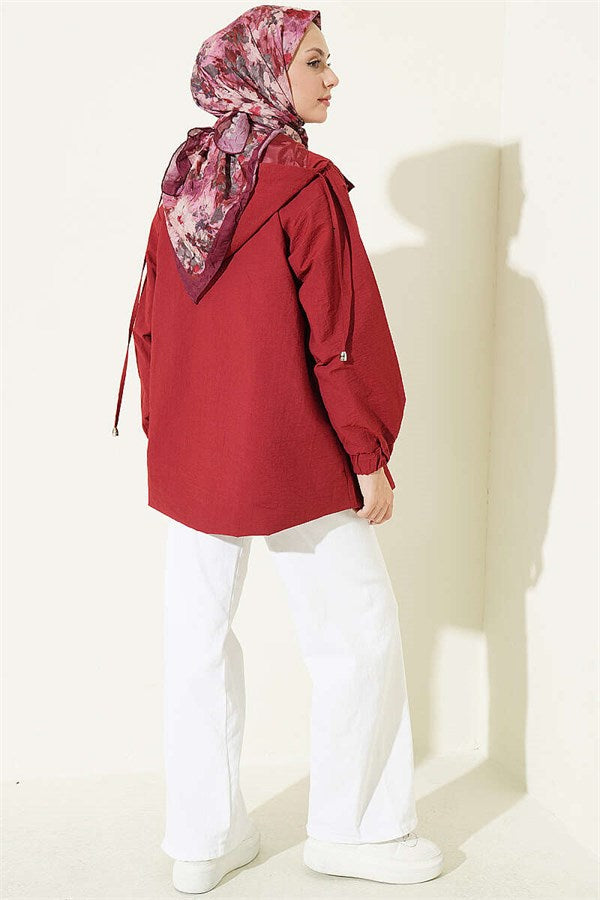 Hooded Jacket with Snap Button Details, Burgundy