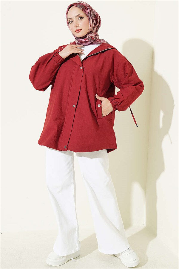 Hooded Jacket with Snap Button Details, Burgundy