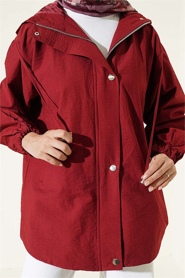 Hooded Jacket with Snap Button Details, Burgundy