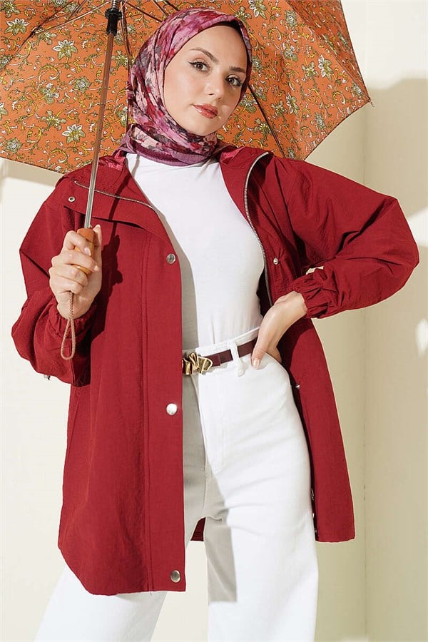 Hooded Jacket with Snap Button Details, Burgundy