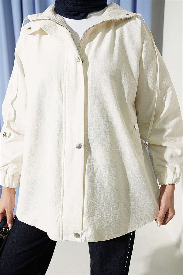 Hooded Jacket with Snap Button Details, Ecru