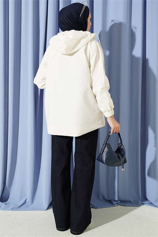 Hooded Jacket with Snap Button Details, Ecru